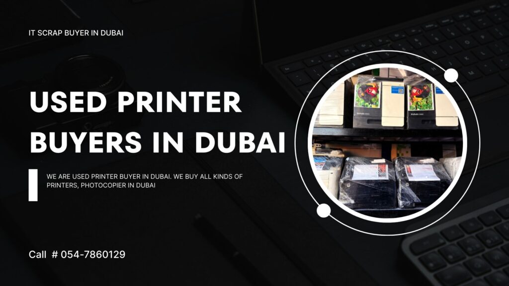 Professional used printer buyers in Dubai examining office printing equipment.